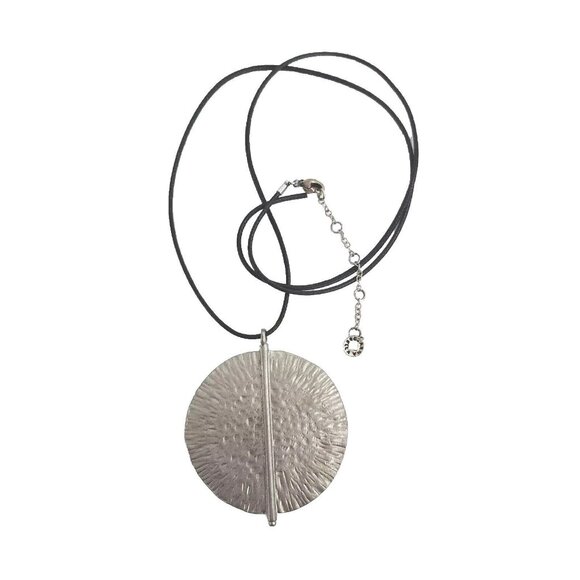 Karma Bella Pewter Silver Disc Pendant Cord Necklace Long Boho Hippie Jewelry - Picture 1 of 12
